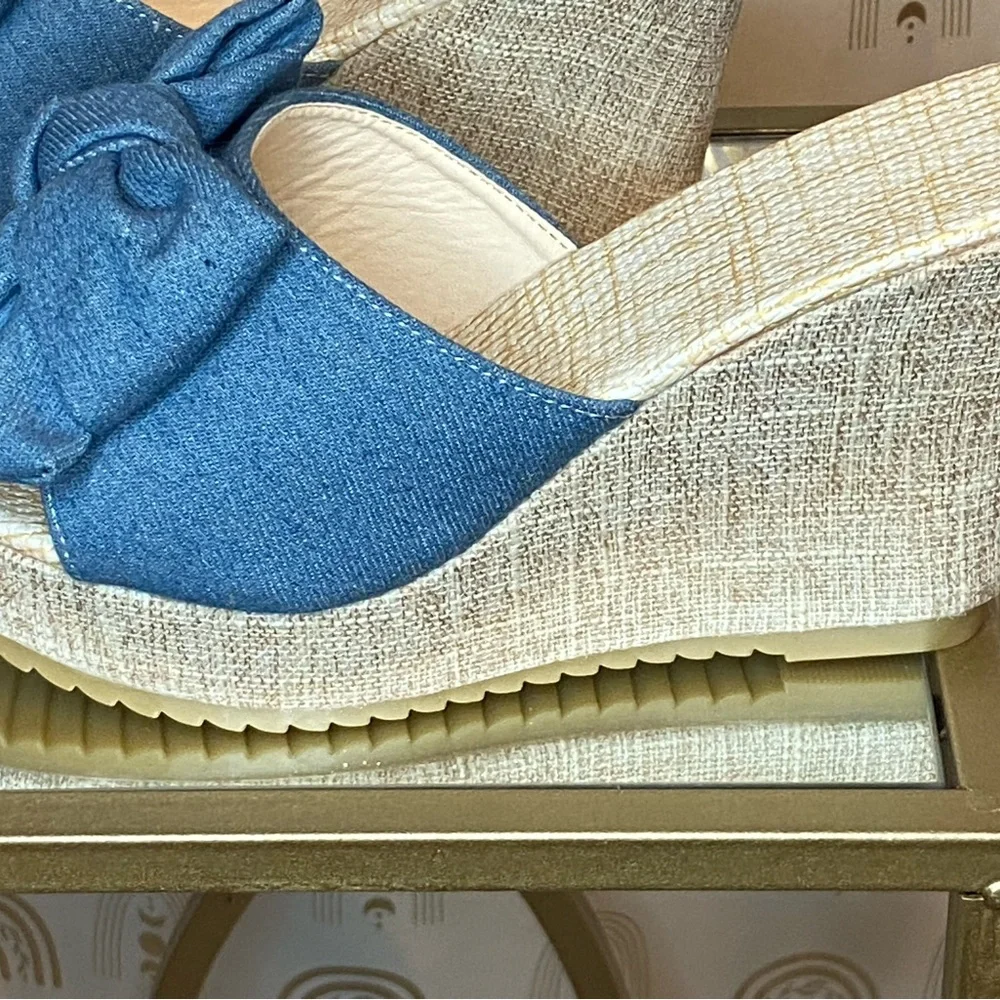 Espadrille Wedge Slide Sandals | Denim Bow | Size 9